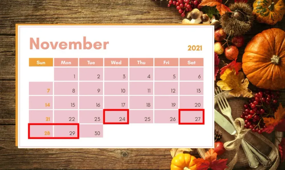 November calendar on Thanksgiving themed background showing the worst days to travel for Thanksgiving